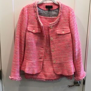 J. Crew Suit Neon Pink Peplum Tweed Women's Skirt Jacket Set 12 Lined Stripped